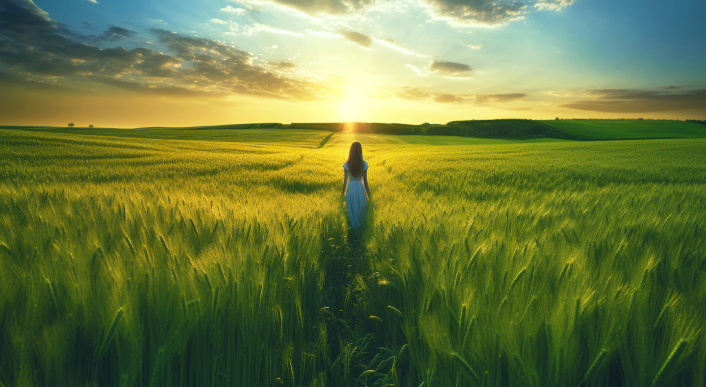 Young girl walking through a field of wheat